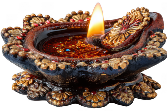 Ornate decorative oil lamp with burning flame isolated on transparent background - Powered by Adobe