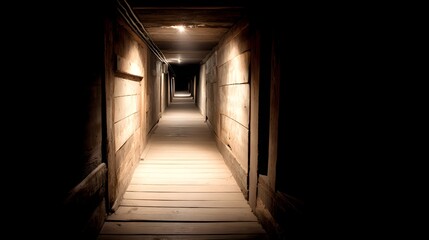 A long, wooden corridor extends into the shadowy depths, illuminated by a single light source.