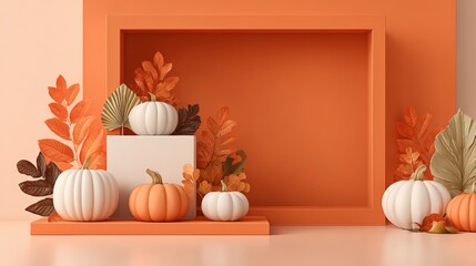 Elegant autumn pumpkin display with fall leaves and decorative elements in warm orange tones