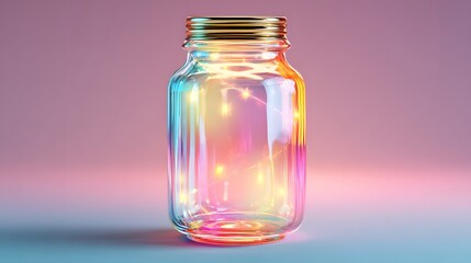 A vibrant glass jar, filled with glowing lights, creates a captivating and colorful scene.