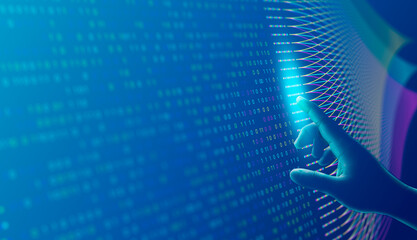 Hand pointing to glowing holographic big data interface with binary code and digital waves, futuristic technology background for AI, analytics, data science and cloud computing visualization concept