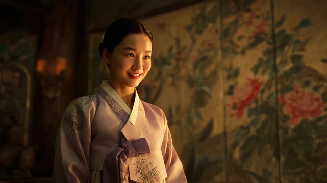 Happy young asian woman exploring historical building in traditional korean hanbok