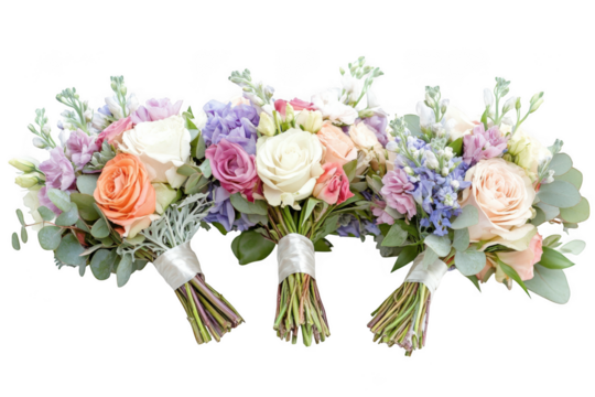 Three wedding bouquets roses hydrangeas isolated png flowers floral arrangement decoration design element isolated on transparent background - Powered by Adobe