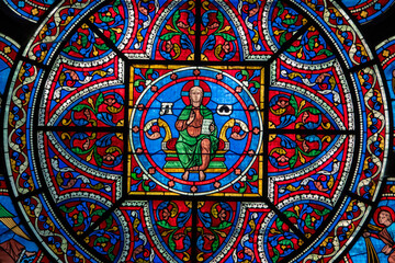 Stained glass (19th century) of Christ in Majesty or Christ in Glory.