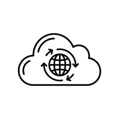 Cloud Globe Connection: A minimalist vector graphic portrays a seamless connection between a stylized globe and cloud, symbolized of global networking, data management, and technological advancement.