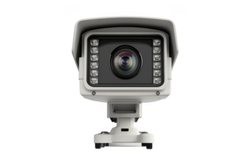High resolution white security camera surveillance cctv system with leds and lens detailed view isolated on transparent background