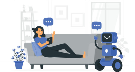 People interacting with robots in a modern setting