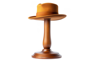 Vintage brown fedora hat on wooden stand fashion accessory headwear style elegant isolated on transparent background