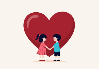 Young boy and girl holding hands in front of a giant red heart representing love and connection