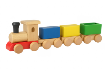 Colorful wooden toy train with transparent background