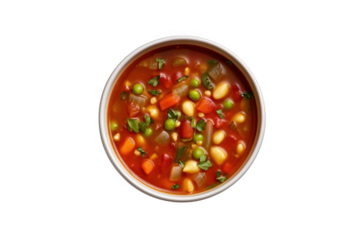 Delicious minestrone soup bowl with vegetables, pasta and beans stock image, healthy meal, food photography, isolated on transparent background