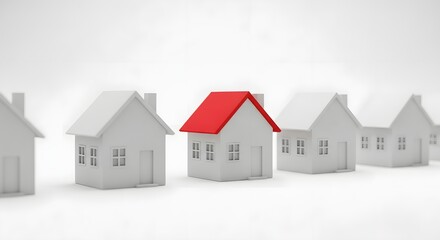 A single house with a red roof stands out amongst a sea of identical white houses