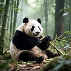 Obraz premium A giant panda sitting and munching on bamboo in a peaceful bamboo forest, calm mood, highly detailed and realistic