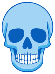 Fototapeta premium Stylized light blue human skull graphic with dark blue eye sockets and nose