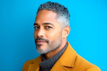 Obraz premium A soft and natural man with a glowing expression. A studio glamour portrait of a confident man. An artistic man expressing confidence in his portrait. A graceful mature man with a modern hairstyl.