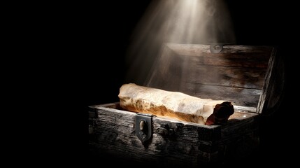 An antique wooden chest, open to reveal a parchment scroll illuminated by a dramatic light source, evokes a sense of mystery and antiquity.