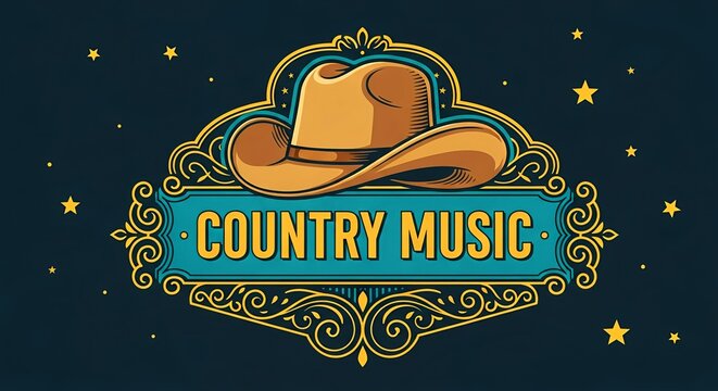 Vintage country music emblem with a classic cowboy hat on an ornate western banner under a starry sky illustration
