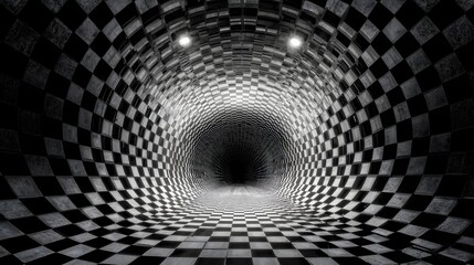 A compelling black and white tunnel, featuring a checkered floor and walls, creating an illusion of infinite depth.