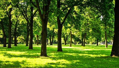 Fototapeta premium Lush green park with sunlight filtering through trees