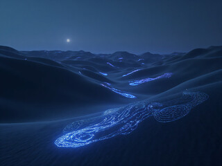"A desert at twilight where the sand subtly glows in soft neon-like patterns as if lit from beneath, dunes shaped by wind, cinematic realism with magical touches."