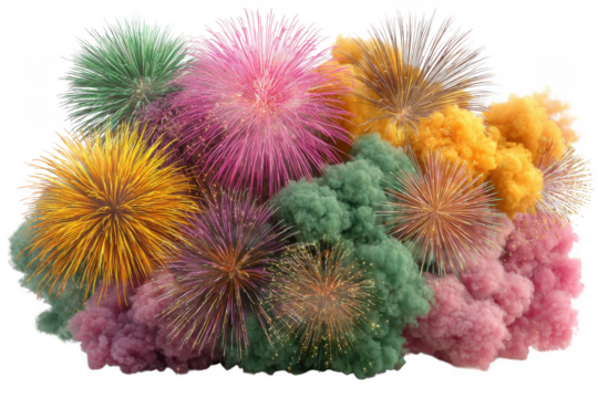 Explosion of colorful fireworks and smoke isolated on transparent background