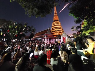 Electric lighting decoration for celebrate in Wat pho temple under evening sky