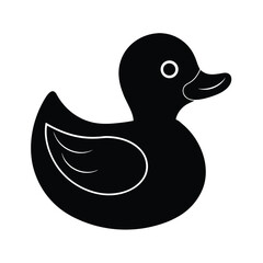 Black and white rubber ducky illustration; simple children's bath toy icon; playful graphic design element.