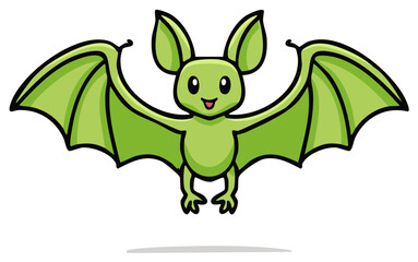Adorable green cartoon bat mascot flying happily with wide spread wings and a cheerful smile