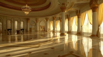 A grand, opulent hall bathed in golden light, showcasing intricate details and a sense of majesty.