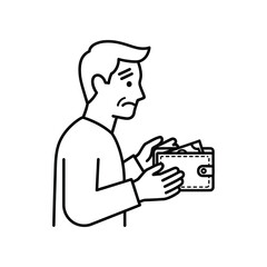 Financial Strain Illustration: A minimalist black and white illustration depicts a person, facing financial difficulty, examining an empty wallet.