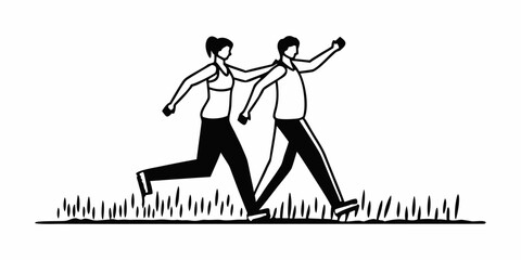 Illustration of a woman and a man running together in a field of grass in black and white style