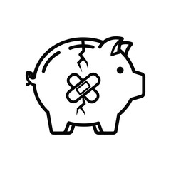 Financial Crisis Piggy Bank: A line-art depiction of a broken piggy bank, mended with a plaster, symbolizing financial challenges and the need for careful money management.