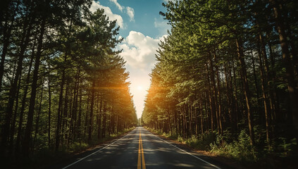 a cinematic photo of a winding road surrounded by tall trees forming a natural tunnel, with a bright golden glow in the distance symbolizing faith and hope, set against a clear blue sky with fluffy wh