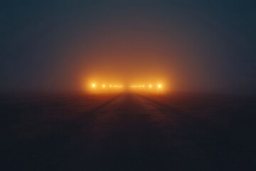 Fototapeta premium Eerie pathway illuminated by streetlights disappearing into a dense mysterious fog