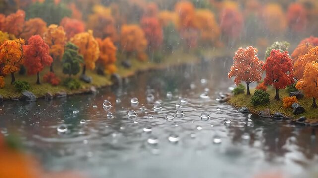 Raindrops creating ripples on a river flowing through a beautiful miniature tilt-shift autumn forest