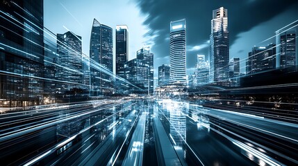 Fototapeta premium Futuristic skyscrapers and motion blur create an urban cityscape image