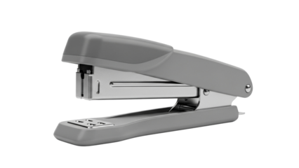 A simple grey office stapler is shown isolated on a white background, ready for use in various office tasks and projects
