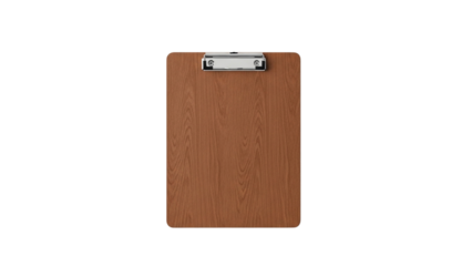 A classic brown wooden clipboard featuring a metal clip fastener, shown empty and isolated on a plain white background for professional use