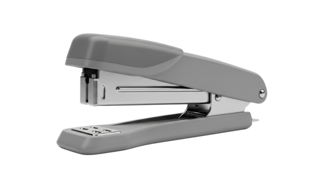 A simple grey office stapler is shown isolated on a white background, ready for use in various office tasks and projects