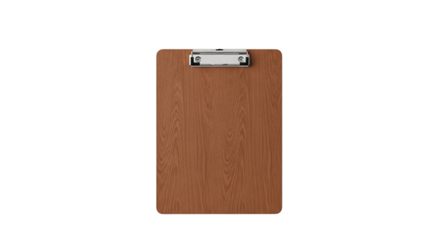 A classic brown wooden clipboard featuring a metal clip fastener, shown empty and isolated on a plain white background for professional use - Powered by Adobe