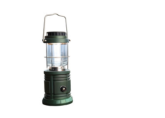 Illuminated Green Camping Lantern with Metal Handle and Clear Glass Panel Isolated on a transparent background