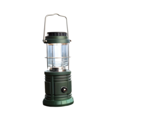 Illuminated Green Camping Lantern with Metal Handle and Clear Glass Panel Isolated on a transparent background