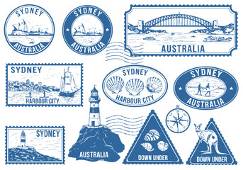 Vintage sydney australia travel stamps collection featuring iconic landmarks and australian symbols design © Kasasagi