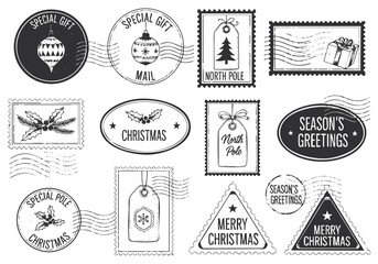 Vintage christmas postage stamps collection special gift mail north pole merry christmas season greetings vector