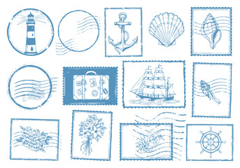 Vintage nautical travel stamps collection with lighthouse, anchor, sailboat and seashell vector design set © Kasasagi