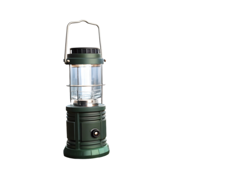 Illuminated Green Camping Lantern with Metal Handle and Clear Glass Panel Isolated on a transparent background
