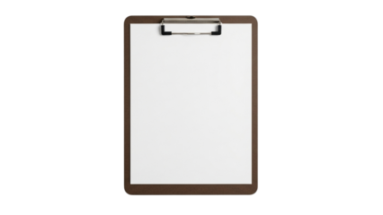 Brown clipboard with a blank white sheet of paper for notes or lists, isolated on a clean white background with copy space for text