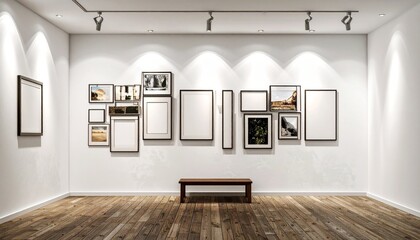 Fototapeta premium A stylish gallery wall featuring an eclectic mix of framed artwork and photos is displayed above a simple wooden bench in a bright, minimalist room with spotlights and wooden flooring.
