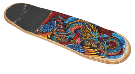 Vibrant Asian Dragon Skateboard Deck with Pagoda Art