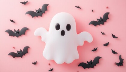 Cute halloween scene with a ghost and bats on a pastel pink colored background
